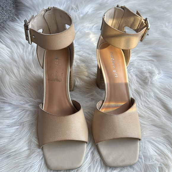 Madden Girl Reveal Ankle Strap Heels Nude Tan Block Stacked Wood NWOB Sz 9.5 - Picture 12 of 13